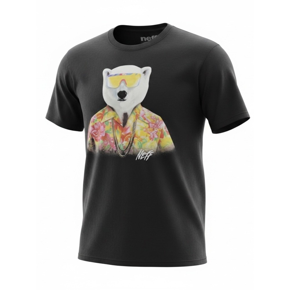 Neff Men's Black Polar Bear Hawaiian Shirt Sunglasses Graphic Print T-Shirt Size